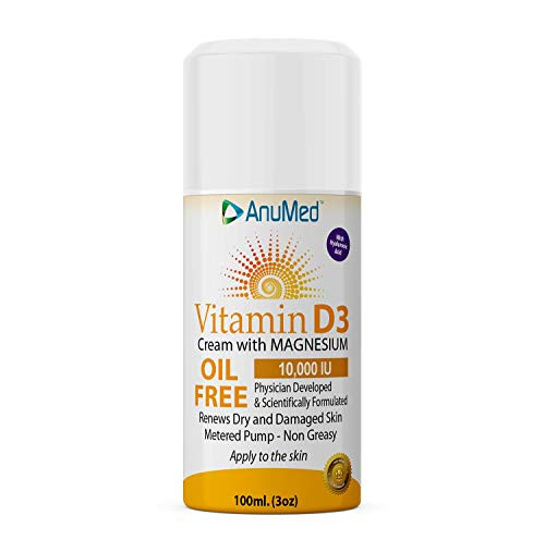 ANUMED - Vitamin D3 with Magnesium 10000 IU Oil-Free Cream  Plus  Hyaluronic Acid  Plus  Vitamin E for Beautiful  and  Healthy Skin. Promotes Stronger Bones- Muscles- Joints- Calcium Absorption- Non-Greasy -3oz-