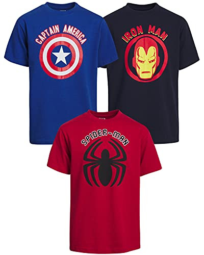 Marvel Boys 3 Pack Avengers T-Shirt - Iron Man- Captain America- Spider-Man Big Face Superheroes -Marvel Shield- 10/12-