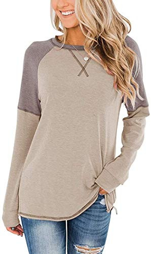 TODOLOR Women's Long Sleeve Tunic Tops Round Neck Shirts Casual Color Block Blouses -S-khaki-