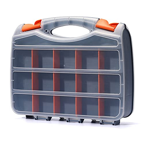 CASOMAN 12-inch Double-Side Hardware Box Storage with 15 Compartments Each Side- DIY Removable Dividers- Tool Organizer