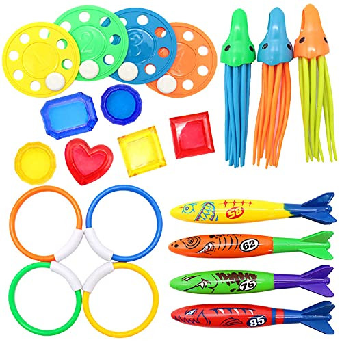 Wvnahay Underwater Diving Pool Toys- Summer Swimming Pool Diving Toys Set- Water Rings- Dive Sticks- Shark Torpedo-Octopus- Diving Traning Toys for Kids