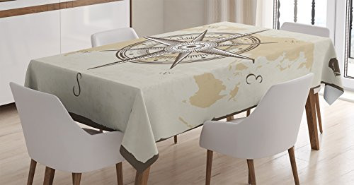 Ambesonne Compass Tablecloth- Nautical Compass on Background Old Map with Torn Border Frame Illustration Print- Rectangular Table Cover for Dining Room Kitchen Decor- 60" X 90"- Brown Beige