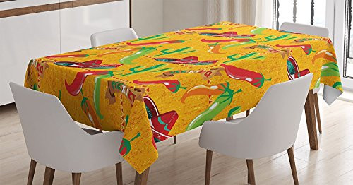 Ambesonne Mexican Decorations Tablecloth by, Elements with Cactus Hat Chili Pepper Pattern over Grunge Background Print, Dining Room Kitchen Rectangular Table Cover, 60W X 90L Inches, Multi
