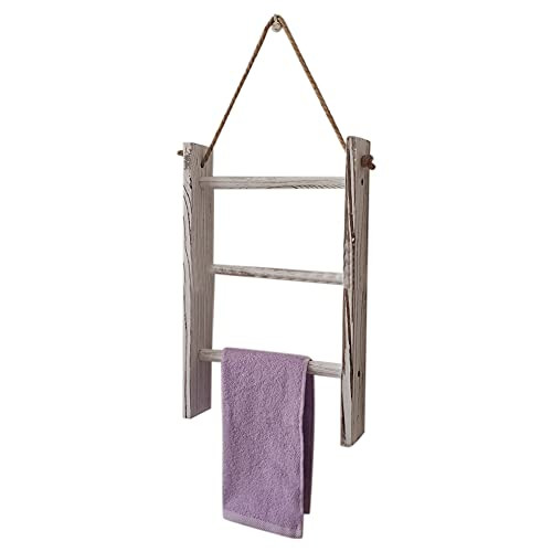 Vintage Towel Rack- 3 Tiers Wall Hanging Ladder Wooden Towel Rack- Hand Towel Storage with Rope- Rustic Wood Farmhouse Decorative Holder -White-