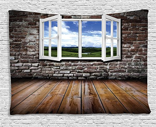 Ambesonne House Decor Collection, An Open Window In An Old Grunge Room Meadow Brick Wall Hardwood Floor, Bedroom Living Room Dorm Wall Hanging Tapestry, 60W X 40L Inch
