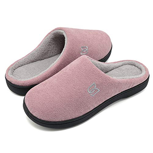 Women's Men's Memory Foam Slip On Slippers Comfy Plush Lined House Shoes for Indoor  and  Outdoor Anti-Skid Rubber Sole -Pink/Gray- 36/37-