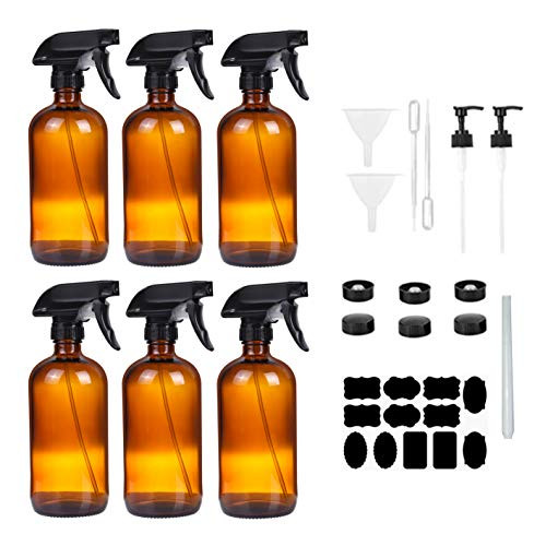 Moonetto 6 Pack Empty Refillable Amber Glass Spray Bottles 16oz -500ml- for Plants- Cleaning Product- Essential Oil or Aromatherapy - Black Trigger Sprayer w/Mist and Stream Settings