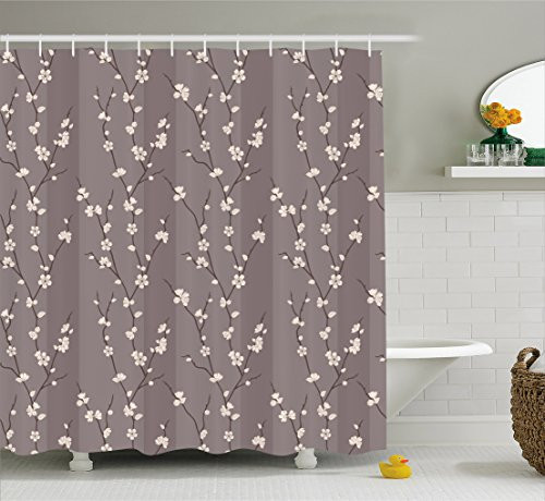Ambesonne Floral Shower Curtain by, Spring Cherries Flowers on Branches Asian Japanese Sakura Theme Illustration, Fabric Bathroom Decor Set with Hooks, 75 Inches Long, Warm Taupe Cream