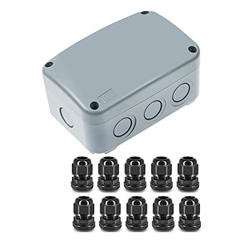 Nineleaf 1PK Junction Box 4 7/8" 3 1/4" 2 1/4" inch -125x86x62mm- and 10 Piece M20x1.5 Black Compression Cable Glands IP66 Waterproof for Outdoor Use