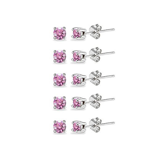 5-Pair Set Sterling Silver Light Rose 4mm Round Stud Earrings Made with Swarovski Crystals