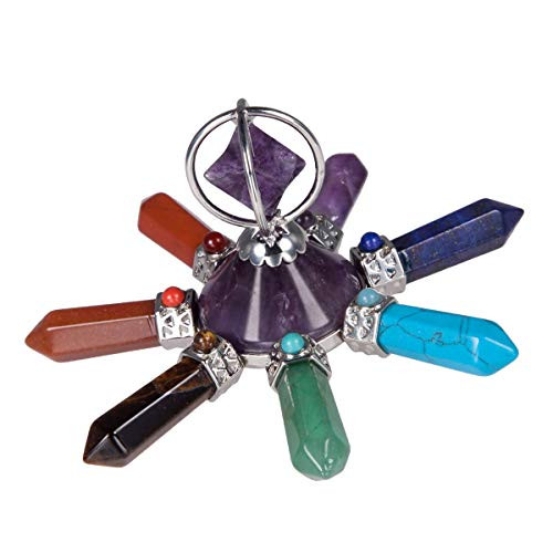 Nupuyai 7 Chakra Energy Generator Reiki Healing Crystal Point Pyramid Conical Tower with Merkaba Star Stone- Amethyst