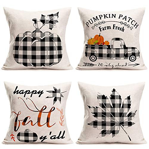 Asminifor 4Pack Fall Thanksgiving Decor Throw Pillow Covers Autumn Harvest Grey Black Buffalo Check Plaid Pumpkin Truck Maple Leaves Pillow Case Cotton Linen Cushion Cover 18x18 -PF-Fall- Asminifor 4Pack Fall Thanksgiving Decor Throw Pillow Covers Autumn Harvest Grey Black Buffalo Check Plaid Pumpkin Truck Maple Leaves Pillow Case Cotton Linen Cushion Cover 18x18 -PF-Fall-