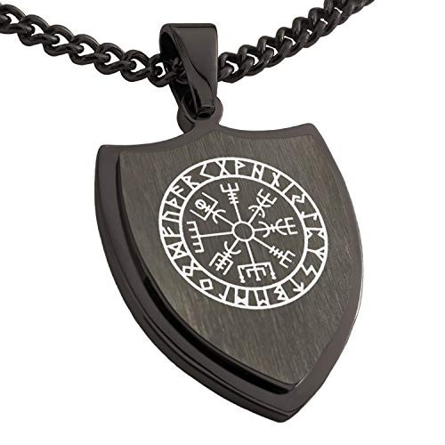 Tioneer Gunmetal Stainless Steel Icelandic Vegvisir Viking Rune Shield Pendant Necklace