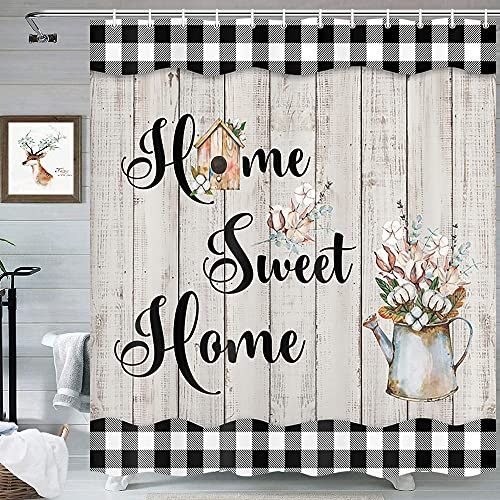 MERCHR Black and White Buffalo Check Plaid Shower Curtain- Rustic Fabric Shower Curtains for Bathroom with Cotton Floral Decor on Wooden Board- Farmhouse Bathroom Curtains with Hooks 69X70 Inches