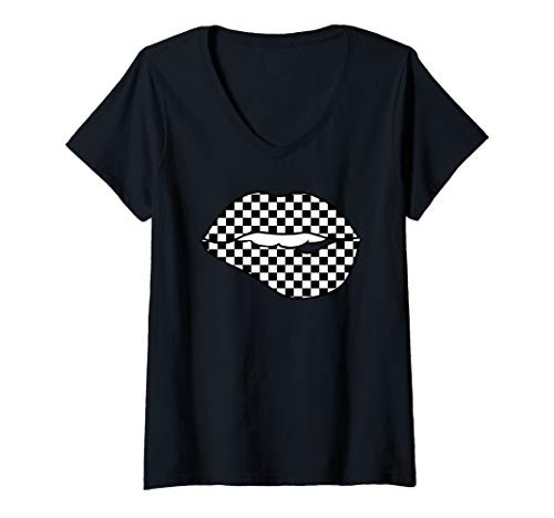 Womens Funny Checkered Black White Lip Gift Cute Checkerboard Women V-Neck T-Shirt