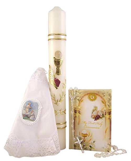 Girl's My First Holy Communion Candle Gift Set with Mass Book, Rosary, and Handkerchief Girl's My First Holy Communion Candle Gift Set with Mass Book, Rosary, and Handkerchief