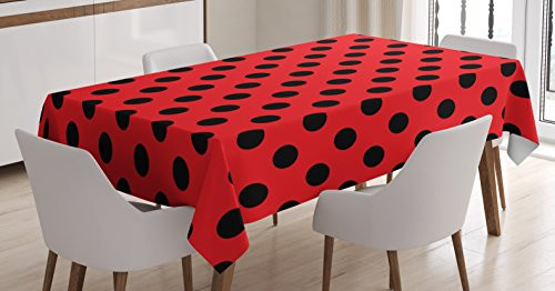 Ambesonne Red and Black Tablecloth, Retro Vintage Pop Art Theme Old 60s 50s Rocker Inspired Bold Polka Dots Image, Dining Room Kitchen Rectangular Table Cover, 52W X 70L Inches, Scarlet