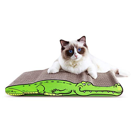 ScratchMe Cat Scratching Post Lounge Relaxing Bed - Wave Shape Cat Scratcher Cardboard with Catnip- Durable Recycle Board Pads Prevents Furniture Damage- Crocodile Shaped