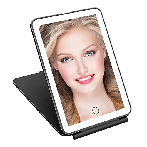 deweisn LED Makeup Mirror for Travel- 32 LEDs Lighted Vanity Mirrors with Dimmable Lighting-Compact- Slim- Rechargeable Lighted Mirror- Folding Makeup Mirror for Beauty -Black- deweisn LED Makeup Mirror for Travel- 32 LEDs Lighted Vanity Mirrors with Dimmable Lighting-Compact- Slim- Rechargeable Lighted Mirror- Folding Makeup Mirror for Beauty -Black-