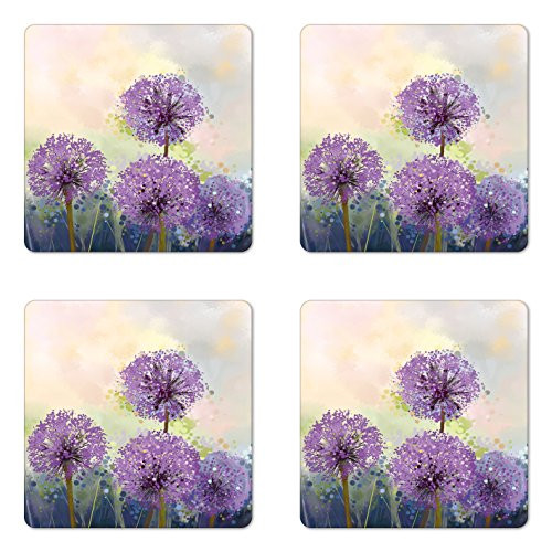 Lunarable Purple Coaster Set of 4- Onion Flowers in the Field Flourish Seasonal Freshening Nature Design Paint Style- Square Hardboard Gloss Coasters for Drinks- Beige Lilac