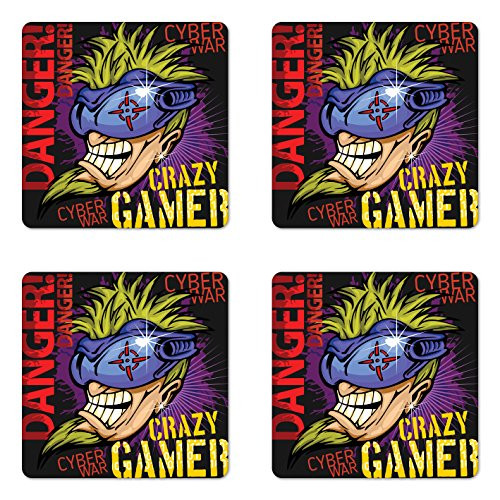 Lunarable Gamer Coaster Set of 4- Crazy Gamer Words with Futuristic Controller with Purple Paint Splashes Background- Square Hardboard Gloss Coasters for Drinks- Multicolor Lunarable Gamer Coaster Set of 4- Crazy Gamer Words with Futuristic Controller with Purple Paint Splashes Background- Square Hardboard Gloss Coasters for Drinks- Multicolor