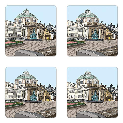 Lunarable Bohemia Coaster Set of 4- Hand Drawing Sketchy Look Watercolor Paint of Prague Travel Vacation- Square Hardboard Gloss Coasters- Standard Size- Baby Blue and Multicolor
