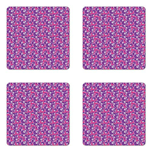 Ambesonne Billiards Coaster Set of 4- Pool Snooker and Balls with Lucky Number 8 Cue Sports Game Design- Square Hardboard Gloss Coasters- Standard Size- Magenta Purple and White