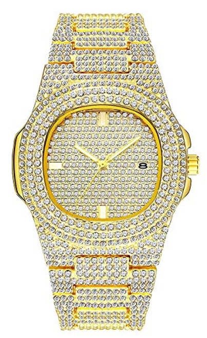 Luxury Unisex Bling Iced Out Gold Watch Fashion Simulated Diamonds Analog Display Calendar Japanese Quartz Watch