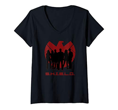 Womens Marvel SHIELD Maroon Logo Agents Silhouette V-Neck T-Shirt Womens Marvel SHIELD Maroon Logo Agents Silhouette V-Neck T-Shirt
