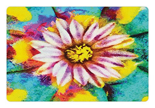 Ambesonne Psychedelic Pet Mat for Food and Water- Oil Paint of Blossoming Peyote Flower Abstract Petal Floral Print Image- Rectangle Non-Slip Rubber Mat for Dogs and Cats- Turquoise Pink
