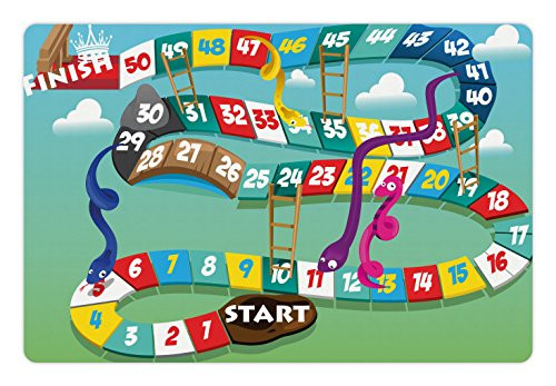 Lunarable Board Game Pet Mat for Food and Water- Swirled Snakes and Ladders Start and Finishing Line Clouds Crown Winner Childish- Rectangle Non-Slip Rubber Mat for Dogs and Cats- Multicolor