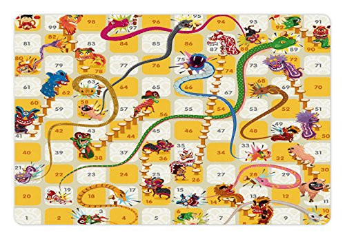 Lunarable Board Game Pet Mat for Food and Water- Chinese New Year Concept Number Blocks Traditional Cultural Oriental- Rectangle Non-Slip Rubber Mat for Dogs and Cats- Multicolor