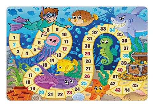 Lunarable Board Game Pet Mat for Food and Water- Underwater Wildlife Oceanic Game Image Animals Seashells Tresure Pirate Ship Art- Rectangle Non-Slip Rubber Mat for Dogs and Cats- Multicolor