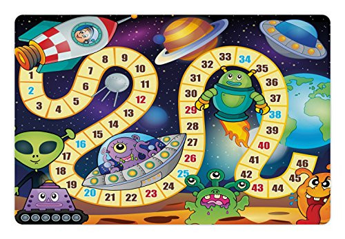 Lunarable Board Game Pet Mat for Food and Water- Outer Space Creatures Sci-Fi Rocket Cosmonaut Monsters UFOs Earth Composition- Rectangle Non-Slip Rubber Mat for Dogs and Cats- Multicolor
