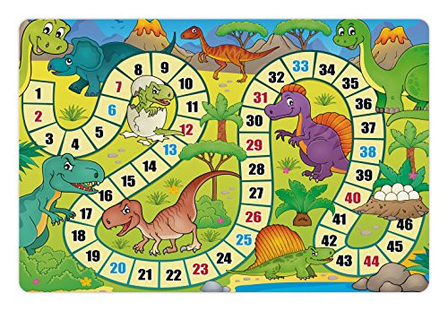 Lunarable Board Game Pet Mat for Food and Water- Dinosaurs Jungle Numeral Wavy Line Prehistoric Fauna Wildlife Composition- Rectangle Non-Slip Rubber Mat for Dogs and Cats- Multicolor