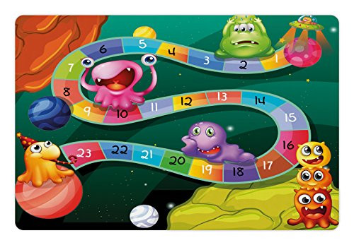 Lunarable Board Game Pet Mat for Food and Water- Colorful Cartoon Style Aliens with Numbers in Curvy Line Fun Activity Theme- Rectangle Non-Slip Rubber Mat for Dogs and Cats- Multicolor
