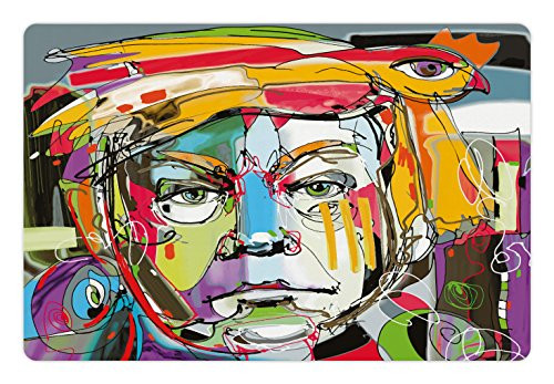 Lunarable Quirky Pet Mat for Food and Water- Abstract Contemporary Art Portrait of Man with a Bird on His Head Modern Paint Style- Rectangle Non-Slip Rubber Mat for Dogs and Cats- Multicolor