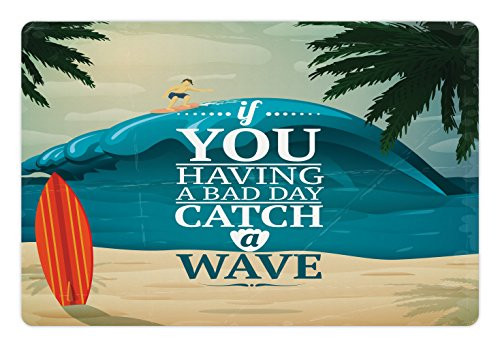 Lunarable Saying Pet Mat for Food and Water- Surfing Themed Catch a Wave Slogan with Tropical Beach and Long Board- Non-Slip Rubber Mat for Dogs and Cats- 18" X 12"- Multicolor Lunarable Saying Pet Mat for Food and Water- Surfing Themed Catch a Wave Slogan with Tropical Beach and Long Board- Non-Slip Rubber Mat for Dogs and Cats- 18" X 12"- Multicolor