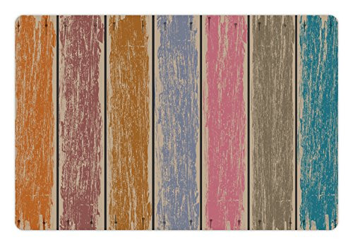 Lunarable Wood Print Pet Mat for Food and Water- Watercolor Effect on Rustic Boards Grunge Weathered Timber with Worn Out Paint- Rectangle Non-Slip Rubber Mat for Dogs and Cats- Multicolor
