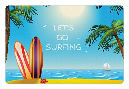 Ambesonne Surfboard Pet Mat for Food and Water- Summer Vacation Tropical Island Beach Themed Artwork and Let's Go Surfing Wording- Non-Slip Rubber Mat for Dogs and Cats- 18" X 12"- Multicolor Ambesonne Surfboard Pet Mat for Food and Water- Summer Vacation Tropical Island Beach Themed Artwork and Let's Go Surfing Wording- Non-Slip Rubber Mat for Dogs and Cats- 18" X 12"- Multicolor