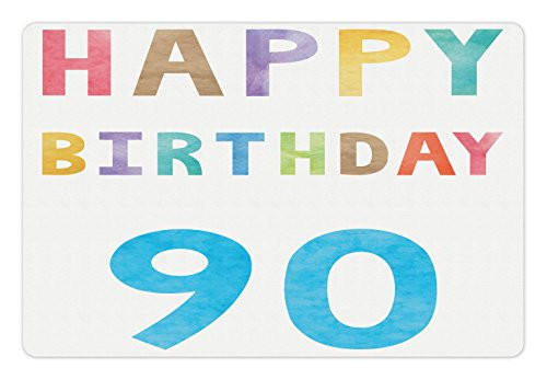 Ambesonne 90th Birthday Pet Mat for Food and Water- Happy Greeting Lettering in Watercolors Pastel Text with Paint Effect Image- Rectangle Non-Slip Rubber Mat for Dogs and Cats- Multicolor