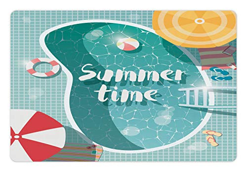 Ambesonne Pool Party Pet Mat for Food and Water- Top View Illustrated Swimming Pool Fun Summer Holiday Poolside Striped Parasols- Rectangle Non-Slip Rubber Mat for Dogs and Cats- Multicolor