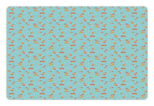 Ambesonne Pool Party Pet Mat for Food and Water- Summer Vacation Fun Doodle People Swimming Surfing- Rectangle Non-Slip Rubber Mat for Dogs and Cats- Seafoam Sand Brown Dark Pink Marigold