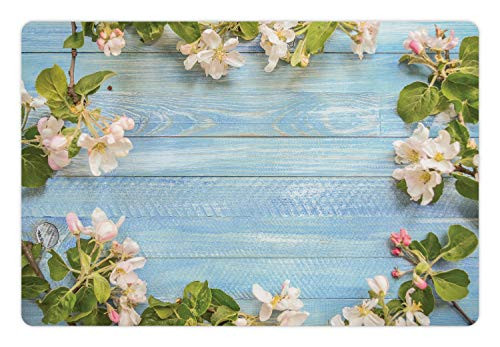 Ambesonne Rustic Wood Pet Mat for Food and Water- Fresh Flower Pattern at The Table Vintage Romantic Spring Design- Rectangle Non-Slip Rubber Mat for Dogs and Cats- Pale Blue Green and White