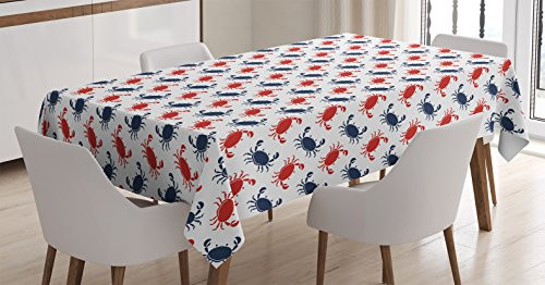 Ambesonne Crabs Decor Tablecloth, Sea Animals Theme Crabs on White Background Vintage Pattern Decorative Print, Dining Room Kitchen Rectangular Table Cover, 52 W X 70 L inches, Blue and Red
