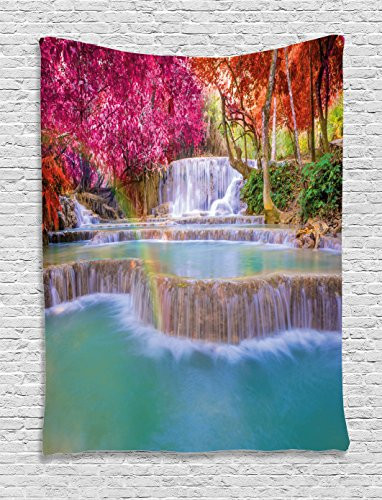 Ambesonne Waterfall Decor Tapestry, Rain Forest in Vietnam Laos with Asian Pink and Orange Trees Side of River Image, Wall Hanging for Bedroom Living Room Dorm, 40 W x 60 L Inches, Pink