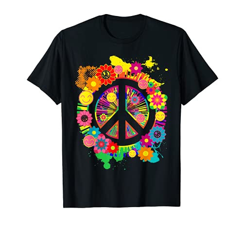 Peace Sign Bright Colorful Flowers 60s 70s Hippie Retro T-Shirt
