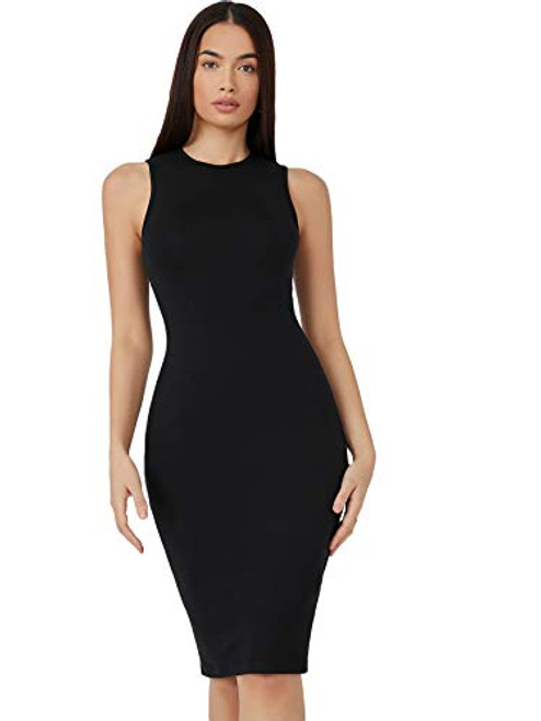 Verdusa Women's Sleeveless Round Neck Basic Bodycon Pencil Knee Length Dress Black XS