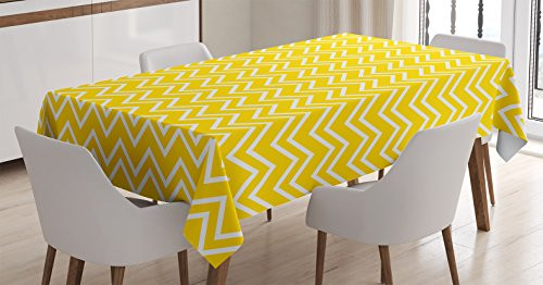 Ambesonne Yellow Decor Tablecloth, Zig Zag Chevron Pattern in Yellow and White Modern Inspired Art Print, Dining Room Kitchen Rectangular Table Cover, 60 W X 90 L inches, Yellow and White