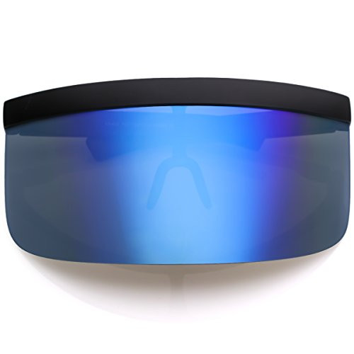 Futuristic Oversize Shield Flat Top Mirrored Mono Lens Visor Sunglasses 172mm -Blue Mirror-